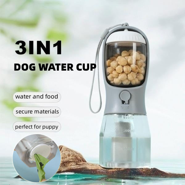 3-in-1 Dog Travel Bottle - Water, Food & Waste Bags in One Portable Design