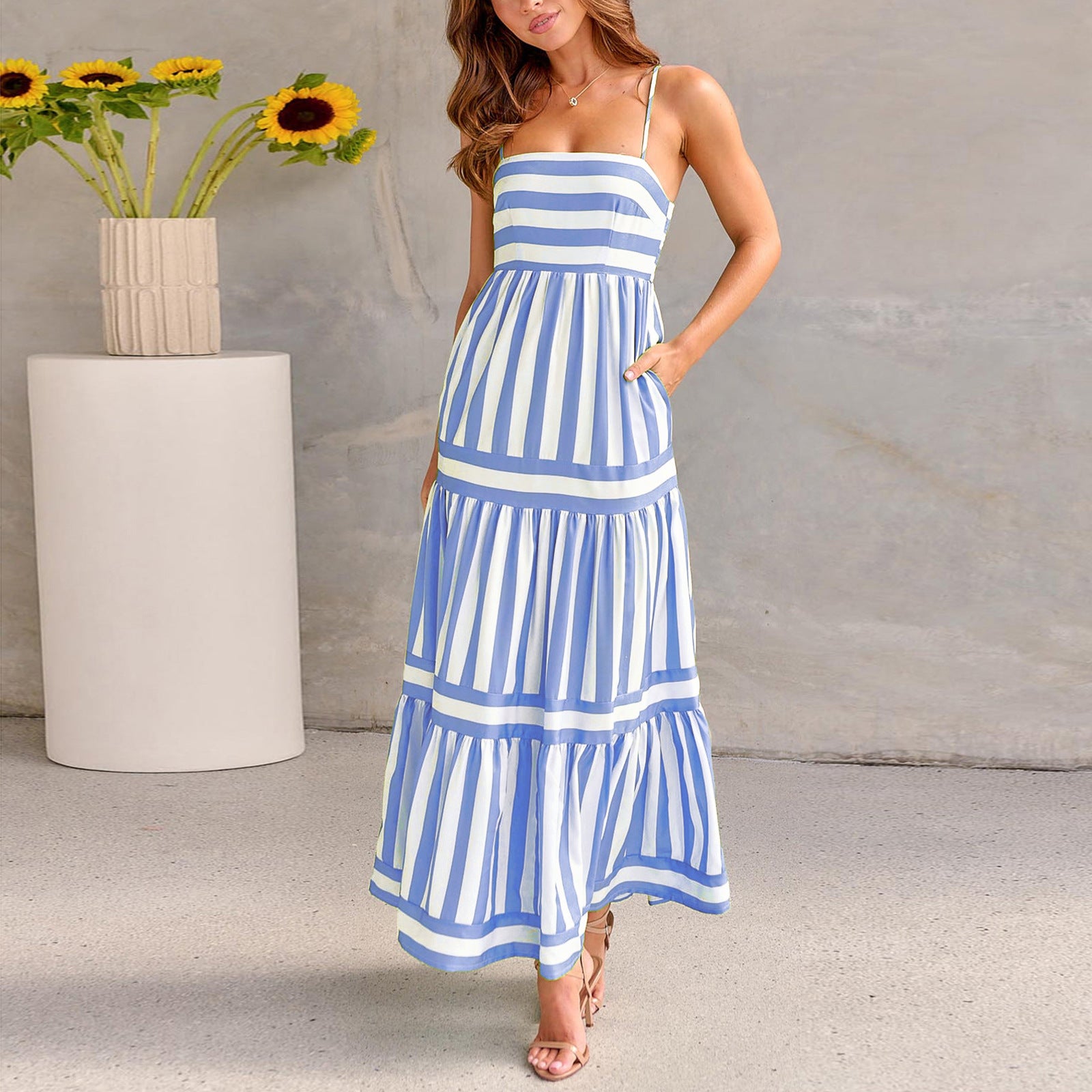 Breezy Striped Maxi Dress with Adjustable Straps and Pockets