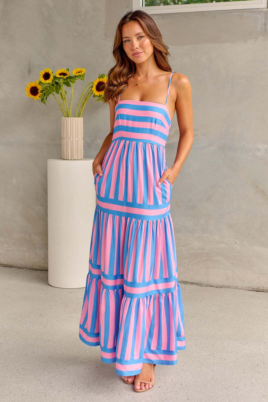 Breezy Striped Maxi Dress with Adjustable Straps and Pockets