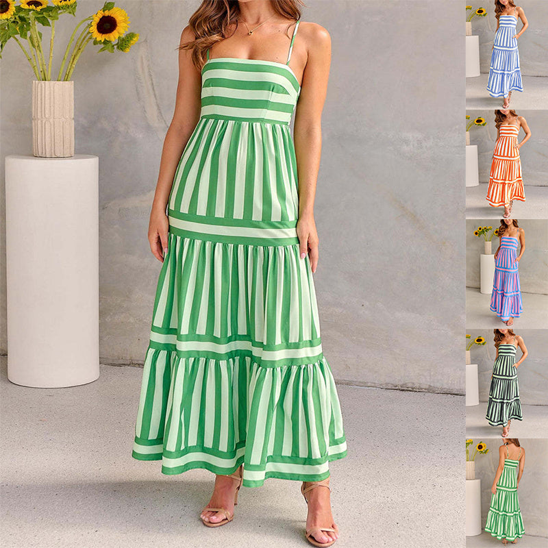 Breezy Striped Maxi Dress with Adjustable Straps and Pockets