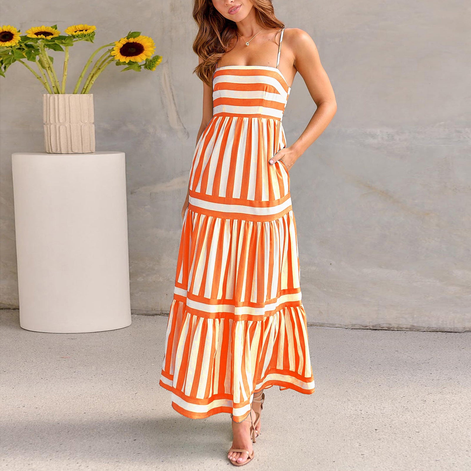 Breezy Striped Maxi Dress with Adjustable Straps and Pockets