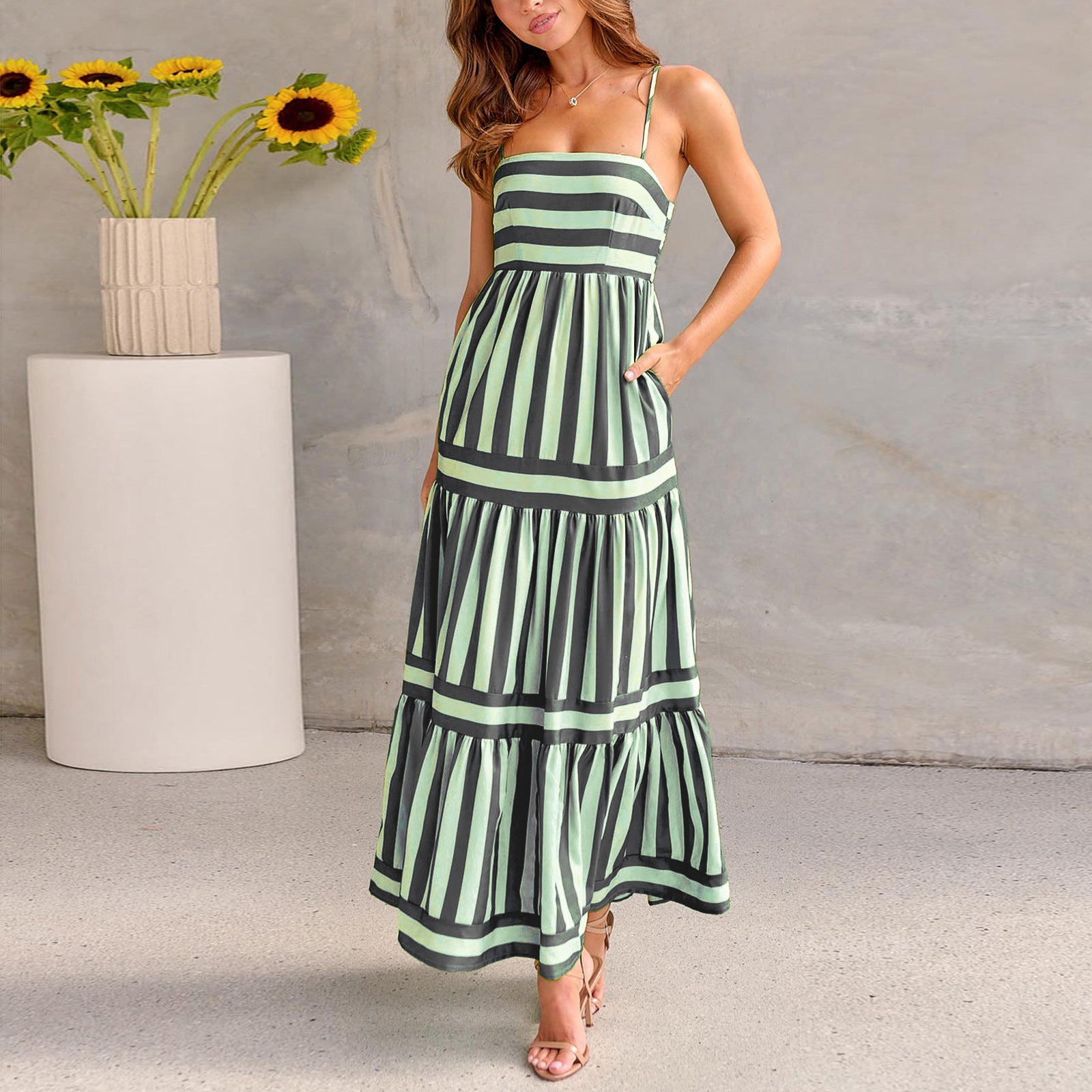 Breezy Striped Maxi Dress with Adjustable Straps and Pockets