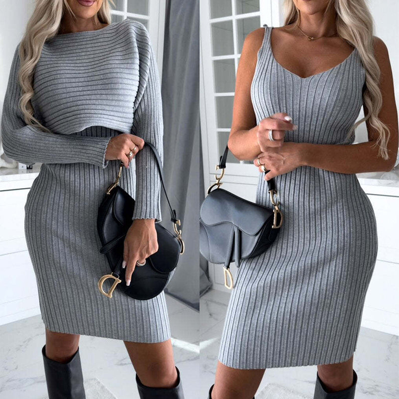 Chic 2-Piece Women's Set – Long-Sleeve Top & Bodycon Suspender Skirt