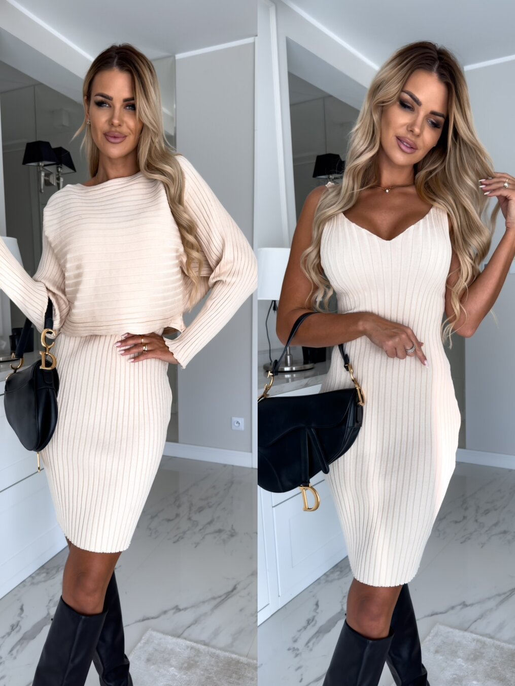 Chic 2-Piece Women's Set – Long-Sleeve Top & Bodycon Suspender Skirt