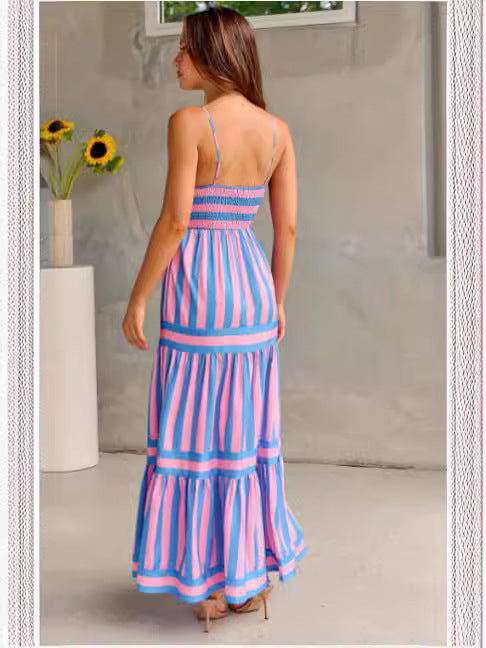 Breezy Striped Maxi Dress with Adjustable Straps and Pockets